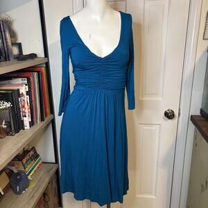 Maeve XS Turquoise Stretch Deep V Midi Dress